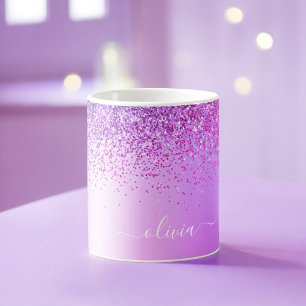 Mug Monogramme Nom Paillettes Violettes Luxe Féminin