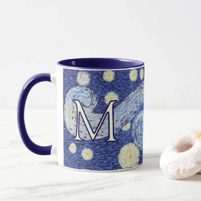 Mug Monogramme Nuit Étoilée personnalisé Art Vincent V (Avec donut)