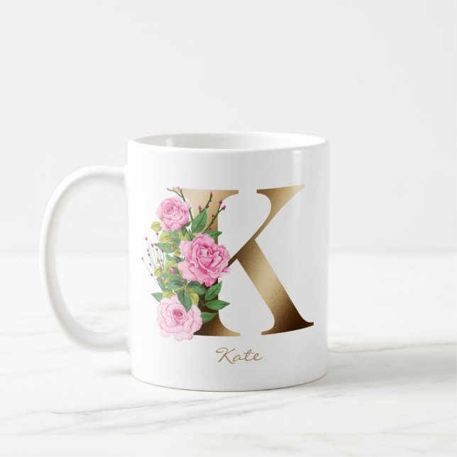 Mug Monogramme or K | Roses roses roses florales (Gauche)