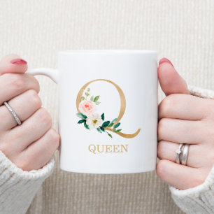 Mug Monogramme Or Lettre Q Floral Rose Blanc Vert