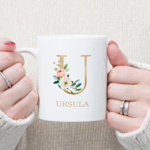 Mug Monogramme Or Lettre U   Floral Rose Blanc Vert