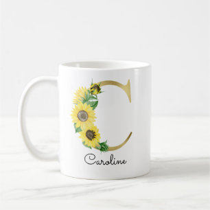 Mug Monogramme Or Soleil Doré Féminin Floral Initiale