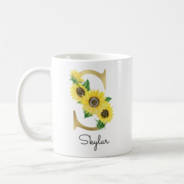 Mug Monogramme Or Soleil Doré Féminin Floral Initiale  (Gauche)