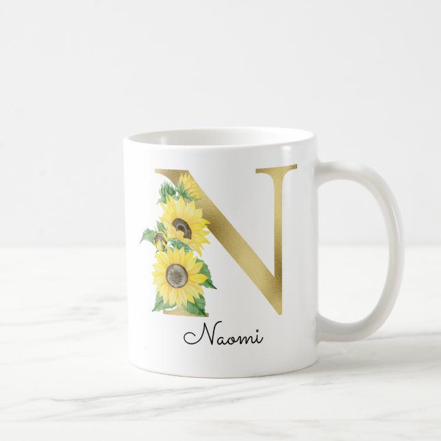 Mug Monogramme Or Soleil Fleur Femme Initiale N (Droite)
