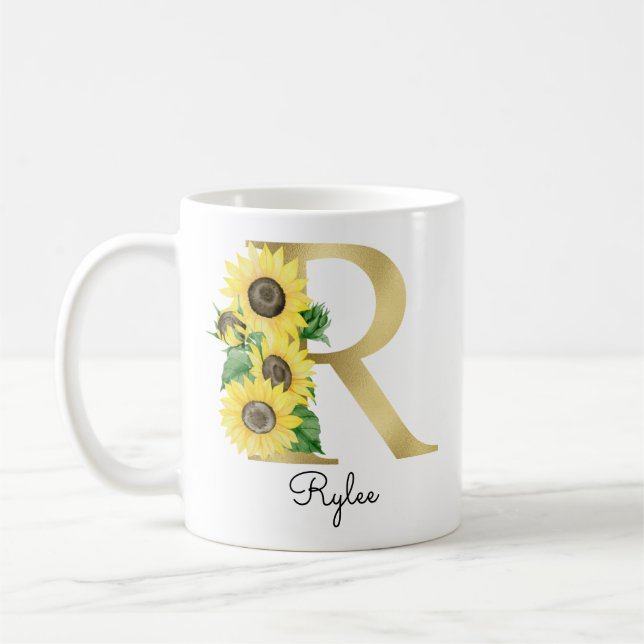 Mug Monogramme Or Soleil Fleur Femme Initiale R (Gauche)