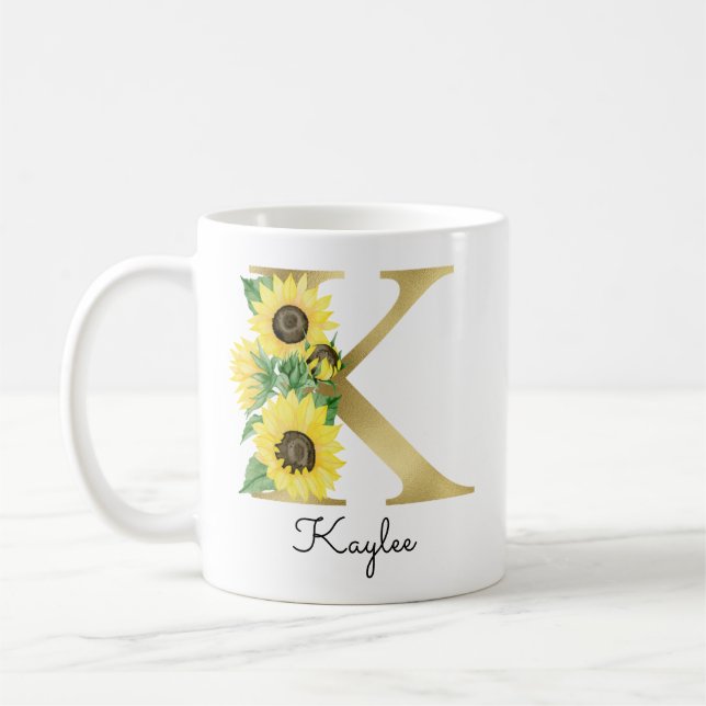 Mug Monogramme Or Soleil Fleur Initiale K Féminin (Gauche)