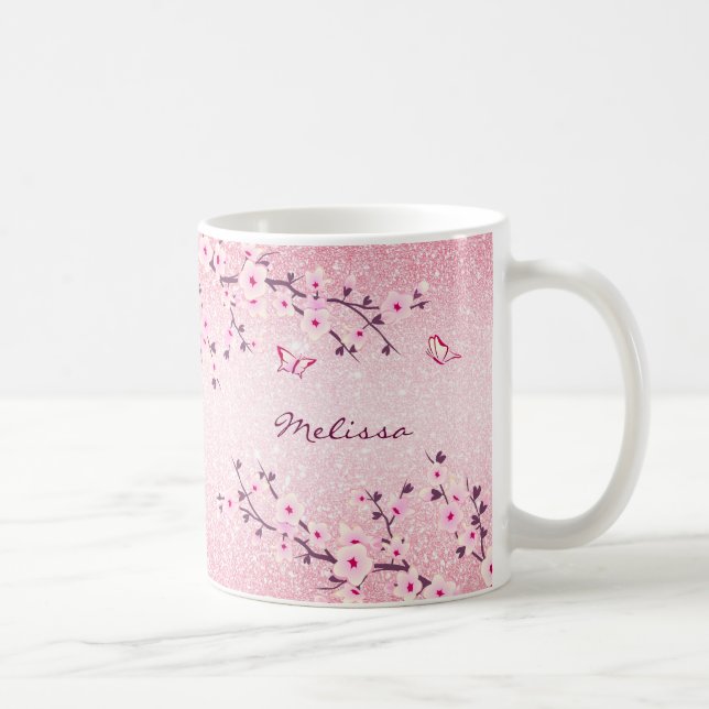 Mug Monogramme Parties scintillant rose Fleurs de ceri (Droite)