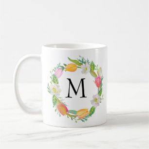 Mug Monogramme personnalisé, Aquarelle Tulipe rose