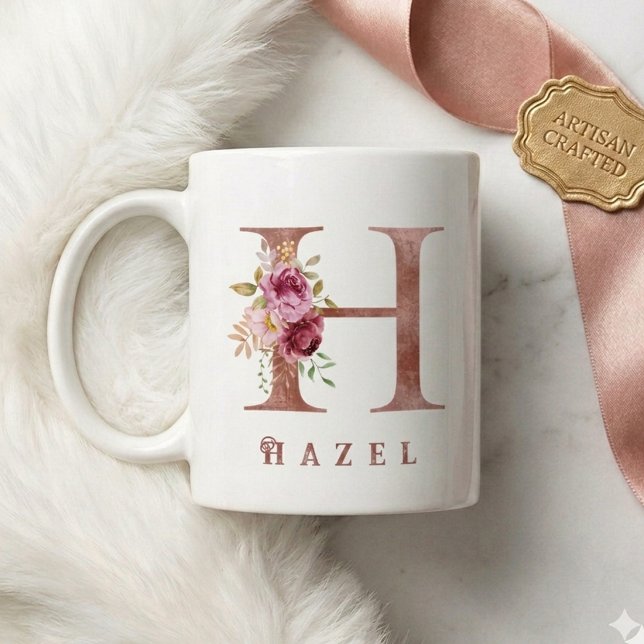 Mug Monogramme personnalisé en or rose avec lettre flo (Créateur téléchargé)