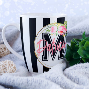 Mug Monogramme personnalisé floral rose rayé noir et b
