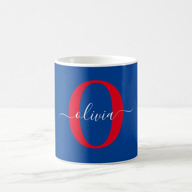 Mug Monogramme personnalisé Nom du script Bleu Blanc R (Centre)