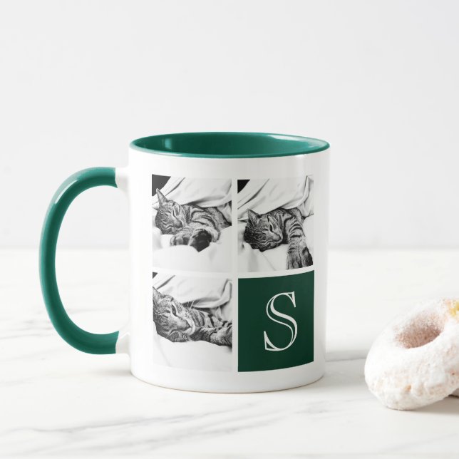 Mug Monogramme photo Collage de photos en vert foncé,  (Avec donut)