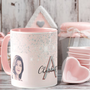 Mug monogramme photo en argent rose vif
