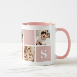 Mug Monogramme photo en rose et blanc personnalisé Mu
