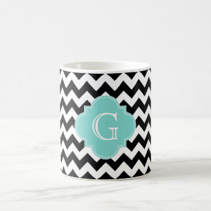 Mug Monogramme Quatrefoil blanc noir Chevron Aqua