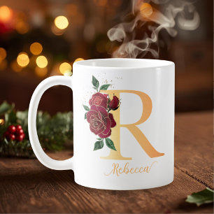 Mug Monogramme R or nom personnalisé roses rouges