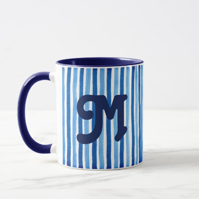 Mug monogramme rayé bleu et blanc (Gauche)