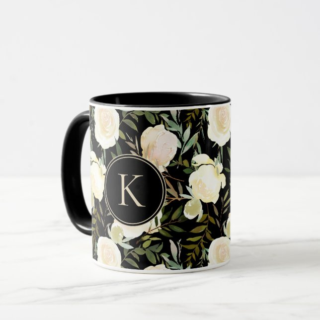 Mug Monogramme romantique Vanille Florale Aquarelle ve (Devant gauche)