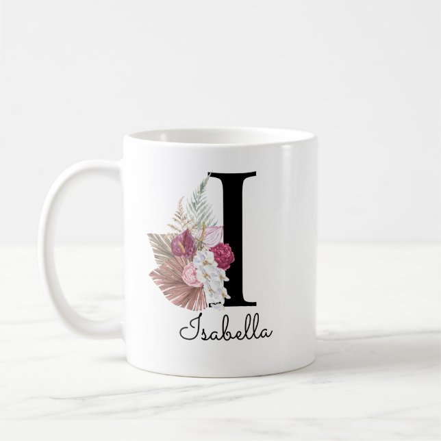 Mug Monogramme Rose Boho Féminin Floral Initial I (Gauche)