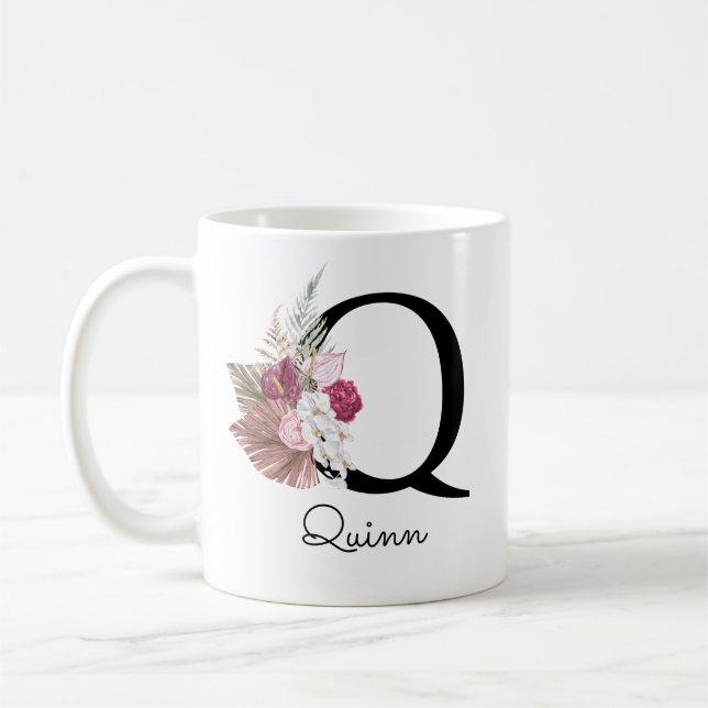Mug Monogramme Rose Boho Féminin Floral Initial Q (Gauche)