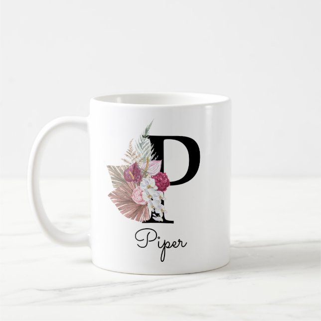 Mug Monogramme Rose Boho Féminin Floral Initiale P (Gauche)