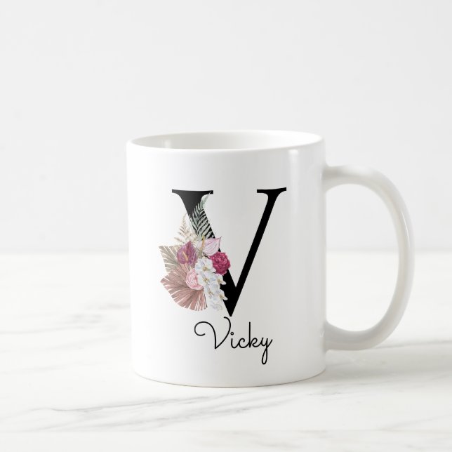 Mug Monogramme Rose Boho Féminin Floral Initiale V (Droite)