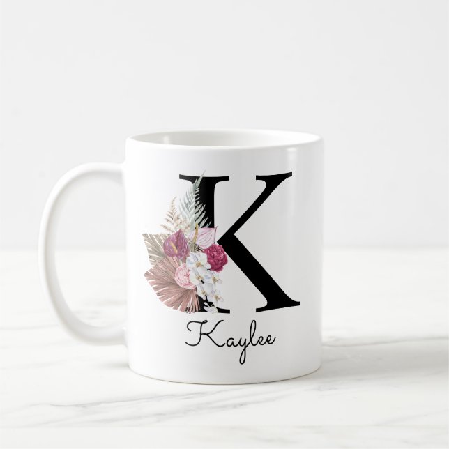 Mug Monogramme Rose Boho Girl Floral Initial K (Gauche)