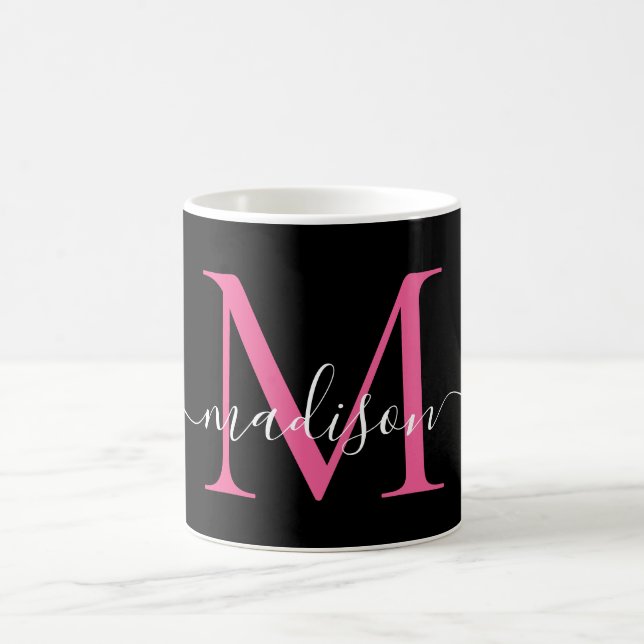 Mug Monogramme rose chaud noir fille Élégant Script (Centre)
