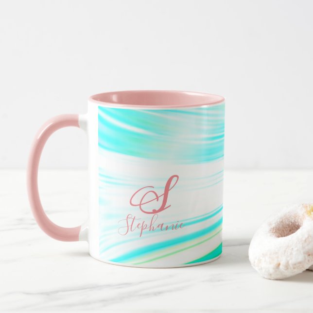 Mug Monogramme rose Turquoise de la vague bleue Initia (Avec donut)
