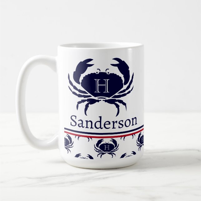 Mug Monogramme Rouge Blanc Marine Bleu Crabe Nautique (Gauche)