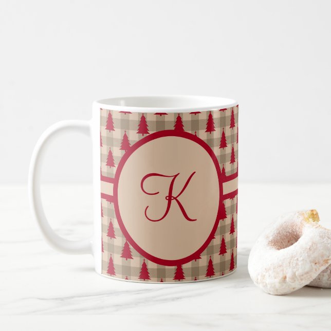 Mug Monogramme rouge marron carreau de buffle rustique (Avec donut)
