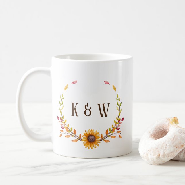 Mug Monogramme Rustique Autumn Sunflower Duo (Avec donut)