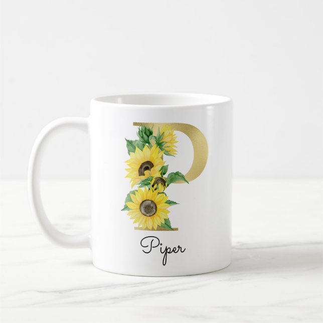 Mug Monogramme Soleil Doré Fleur Initiale P Féminin (Gauche)