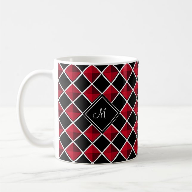 Mug Monogramme sur motif diamant rouge noir (Gauche)