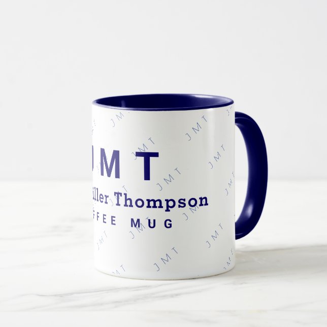 Mug monogramme sur muqueuse blanche et bleue avec nom (Devant droit)