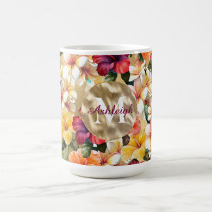 Mug Monogramme Tropical Rouge Jaune Hibiscus Fleurs