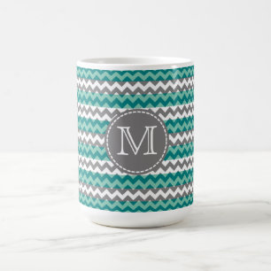 Mug Monogramme Turquoise et Grey Chevron Zigzag