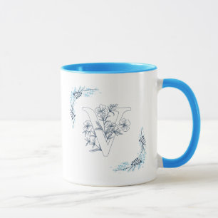 Mug Monogramme "V" Bleu Calme Floral Café