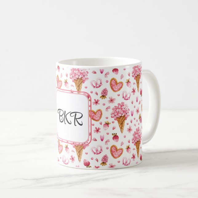 Mug Monogramme, Valentine Candy & Hydrangea Motif 11oz (Devant droit)