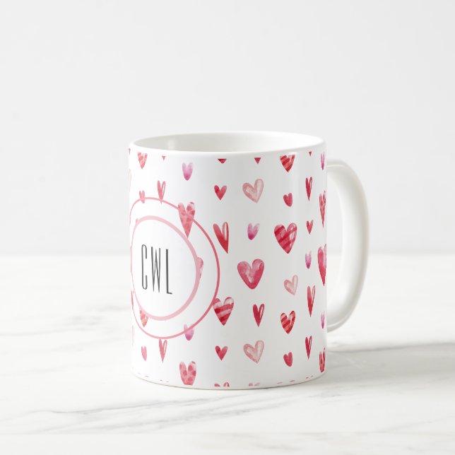 Mug Monogramme, Valentine Hearts Motif 11oz (Devant droit)