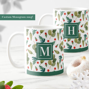 Mug Monogramme, verdure festive et rouge vif