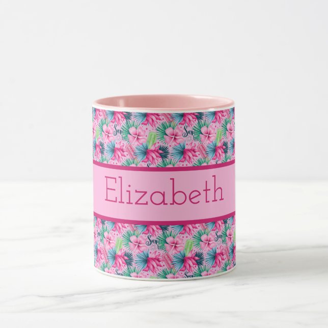 Mug Monogramme Vert rose Bleu Fleurs tropicales (Centre)
