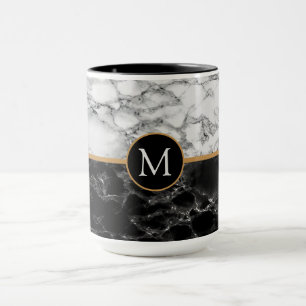 Mug Monogramme Votre lettre Cadeau en marbre noir blan