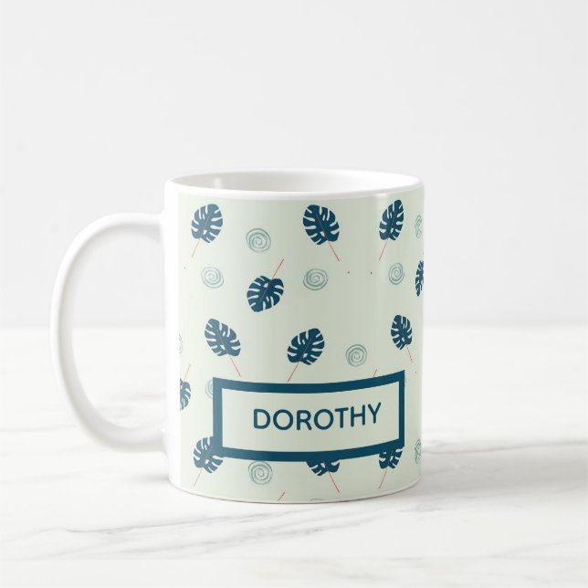 Mug Monstère tropicale monogramme feuille sur bleu (Gauche)