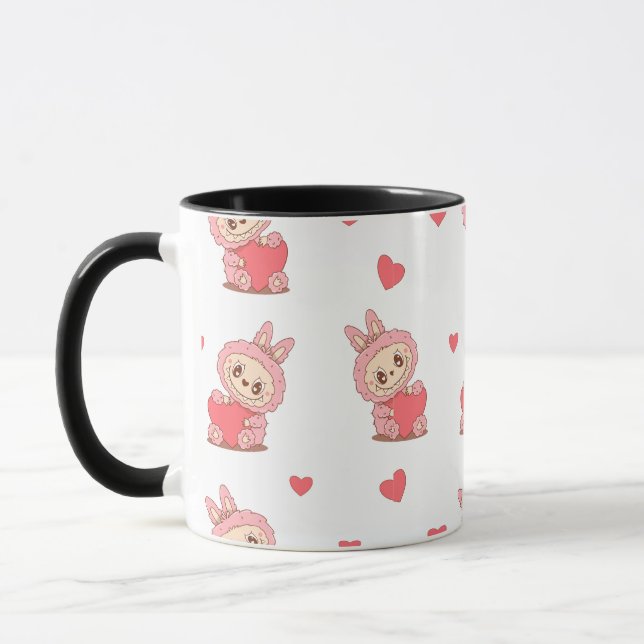 Mug Monstre lapin rose mignon tenant coeur - Kawaii Lo (Gauche)