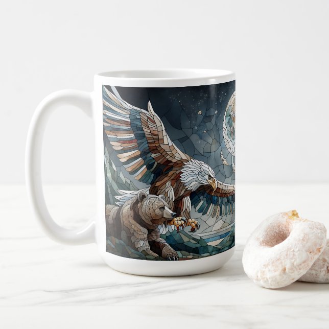 Mug Mosaic Ai Art | Ours Brown et Pleine lune d'aigle (Avec donut)