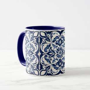 Mug Mosaïque andalouse, Bleu antique, Design blanc
