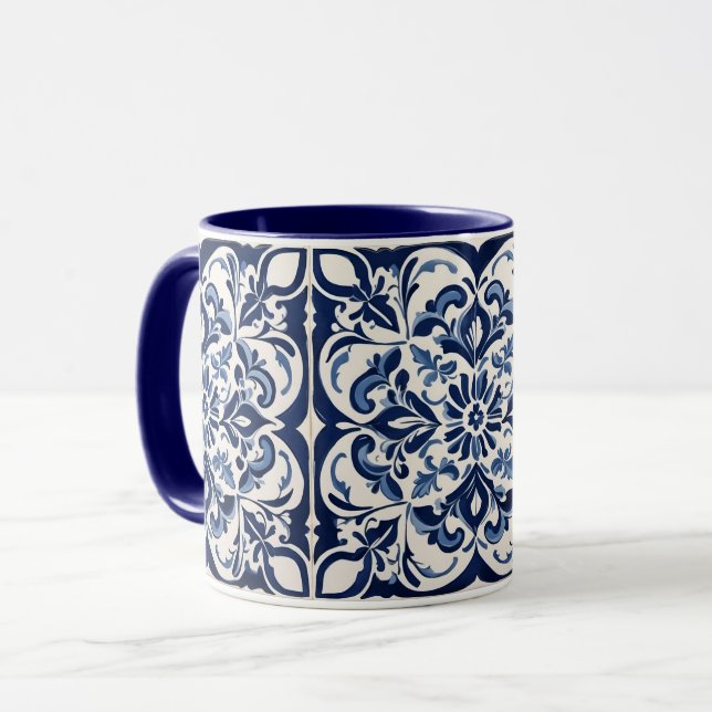 Mug Mosaïque andalouse, Bleu antique, Design blanc (Devant gauche)