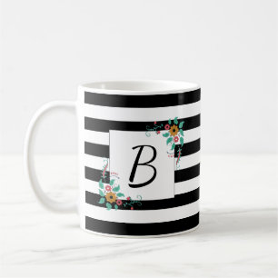 Mug Mosaïque noire moderne et monogramme floral