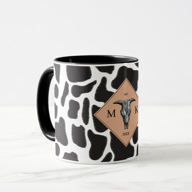 Mug Motif animal noir et blanc Vache tache Monogramme (Devant gauche)